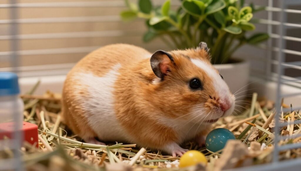 A close-up view of a pregnant hamster inside a softly lit, cozy cage. The hamster, with a rounded belly, is nestled in a bed of fresh bedding and soft hay, surrounded by small toys and a water bottle. The background features gentle green foliage or a small potted plant, enhancing the natural feel of the setting. Warm lighting creates a nurturing atmosphere, highlighting the hamster’s glossy fur and the tiny, delicate features of its face. The angle captures the intimate details of the cage, focusing on the hamster while giving a sense of safety and comfort for the upcoming birth. The overall mood is peaceful and maternal, showcasing the beauty of this small creature's pregnancy. A close-up view of a pregnant hamster inside a softly lit, cozy cage. The hamster, with a rounded belly, is nestled in a bed of fresh bedding and soft hay, surrounded by small toys and a water bottle. The background features gentle green foliage or a small potted plant, enhancing the natural feel of the setting. Warm lighting creates a nurturing atmosphere, highlighting the hamster’s glossy fur and the tiny, delicate features of its face. The angle captures the intimate details of the cage, focusing on the hamster while giving a sense of safety and comfort for the upcoming birth. The overall mood is peaceful and maternal, showcasing the beauty of this small creature's pregnancy.