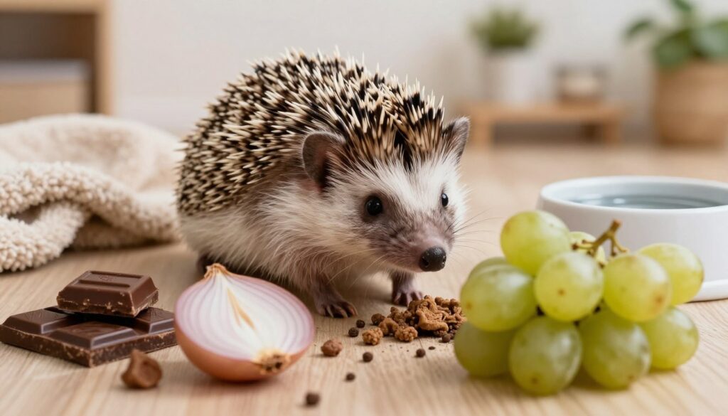 A close-up view of a pygmy hedgehog in a natural indoor habitat, surrounded by an array of foods that are not suitable for its diet. In the foreground, display hazardous foods like chocolate, onions, and grapes, carefully arranged to highlight their toxicity. The hedgehog, with its characteristic spines and small size, appears curious yet cautious, sniffing the unsafe foods. In the middle ground, include a soft, textured blanket and a water dish to create a cozy atmosphere, while in the background, subtle details of a well-organized room with harmonious lighting give a safe and nurturing vibe. The light is soft and warm, evoking a friendly mood, with a shallow depth of field focusing on the hedgehog and the dangerous foods.