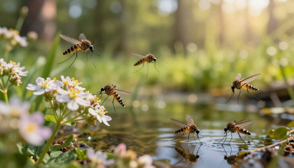 A close-up view of various mosquito species found in Poland, featuring delicate details of their wings and bodies, showcasing the vibrant patterns that differentiate each type. In the foreground, a few mosquitoes hover near blooming wildflowers, while in the middle ground, a small body of water reflects the surrounding greenery to depict their breeding habitat. The background consists of a soft-focus forest edge, infused with warm sunlight filtering through the leaves, setting a serene and natural atmosphere. Capture this scene using a macro lens for sharp detail on the insects, while gently blurred backgrounds create a dreamy effect. The palette should include rich greens, soft pastels of the flowers, and the subtle sheen of the mosquitoes, evoking a sense of life and vitality in their natural environment.