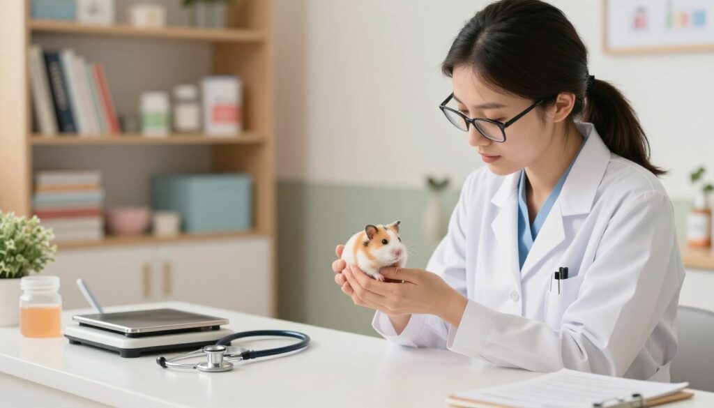 A compassionate veterinarian examining a hamster during a check-up in a well-lit, friendly clinic setting. In the foreground, the vet, a woman wearing a white lab coat and glasses, gently holds the hamster in her hands, showcasing her expertise and care. In the middle ground, various veterinary instruments, like a stethoscope and a small scale, can be seen on a clean, organized countertop. In the background, shelves filled with books and pet care supplies add depth to the scene. The room has soft, natural lighting that creates a warm and welcoming atmosphere, emphasizing the importance of veterinary care for pets. A calming pastel color palette enhances the feeling of comfort and safety, highlighting the significance of knowing when to seek veterinary assistance. A compassionate veterinarian examining a hamster during a check-up in a well-lit, friendly clinic setting. In the foreground, the vet, a woman wearing a white lab coat and glasses, gently holds the hamster in her hands, showcasing her expertise and care. In the middle ground, various veterinary instruments, like a stethoscope and a small scale, can be seen on a clean, organized countertop. In the background, shelves filled with books and pet care supplies add depth to the scene. The room has soft, natural lighting that creates a warm and welcoming atmosphere, emphasizing the importance of veterinary care for pets. A calming pastel color palette enhances the feeling of comfort and safety, highlighting the significance of knowing when to seek veterinary assistance.
