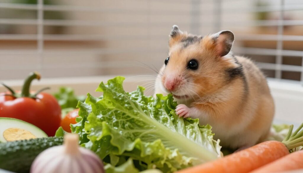 A concerned hamster sitting in a cozy cage, inspecting a vibrant piece of lettuce, symbolizing the risks of gastrointestinal issues. In the foreground, the hamster appears alert, with bright eyes and fluffy fur, curiously sniffing the lettuce, which is divided into safe and unsafe parts, highlighting potential dangers. In the middle ground, various safe food items and colorful vegetables surround the lettuce, juxtaposing healthful choices with the lettuce. The background softens into a warm, homely ambiance, featuring soft lighting that gives a gentle, nurturing atmosphere, emphasizing the care by a pet owner. Use a shallow depth of field to focus on the hamster while softly blurring the surrounding features, evoking a sense of caution and concern for pet health.