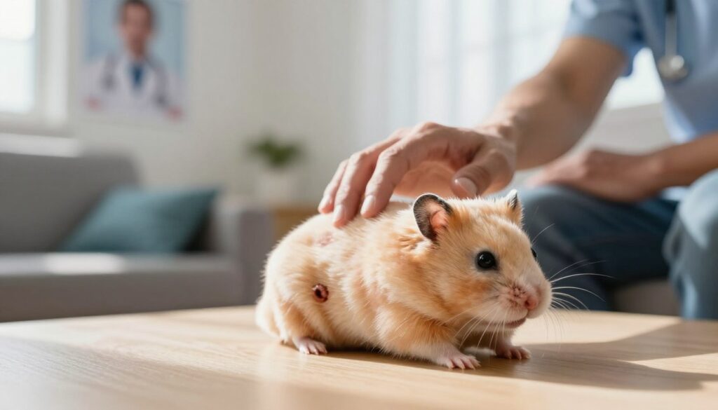 A concerned pet owner observing a sick hamster in a well-lit cozy living room. The foreground features a close-up of a small, fluffy hamster with a visible lump on its side, appearing lethargic and unwell. The middle ground shows the owner's hand gently reaching towards the hamster, displaying worry and care. In the background, a small vet clinic poster is subtly visible, hinting at the urgency of the situation. Natural light filters through a window, casting soft shadows to create a warm yet somber atmosphere. Capture the mood of concern and urgency, while maintaining a professional and clean presentation suitable for educational purposes.