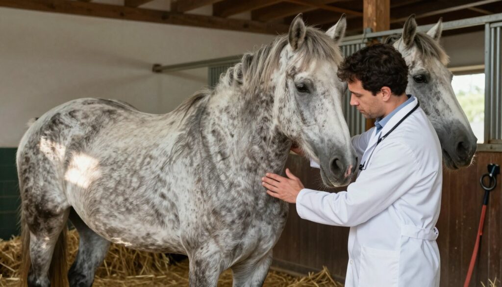 A concerned veterinarian examines an aging horse in a stable, focused on its frail condition to depict common diseases that shorten equine life. In the foreground, the vet wears a white coat and gently palpates the horse's abdomen, showing empathy. The middle ground features the horse, with a gray coat and subtle signs of discomfort, emphasizing its fragile health. In the background, hay bales and stable tools create a rustic atmosphere. Soft, natural light filters through the stable's wooden beams, casting warm reflections on the horse's coat, enhancing the mood of care and concern. Capture the intricate details of the horse's condition and the focused demeanor of the vet.