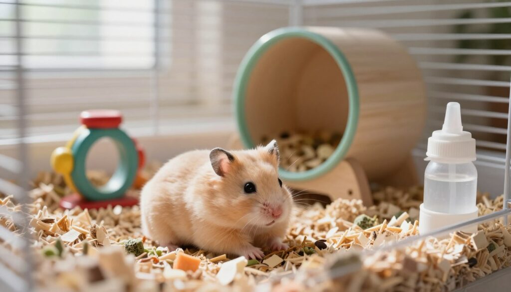 A cozy and inviting hamster habitat, showcasing a well-maintained cage filled with soft bedding, hiding spots, and a small water bottle. In the foreground, a gentle, friendly hamster is comfortably resting on a pile of bedding or foraging for small pieces of food, illustrating its calm disposition. In the middle ground, there are colorful chew toys and a running wheel, highlighting an environment conducive to healthy behavior. The background features a softly lit room, with warm, natural light streaming in from a window, creating a serene atmosphere. The overall mood is peaceful and nurturing, emphasizing the importance of a loving home for a pet hamster. The image should evoke a sense of care and well-being, with a focus on the hamster's gentle nature and its living conditions.