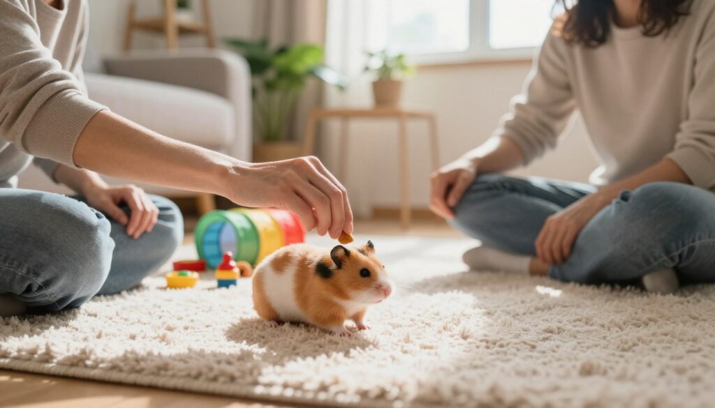 A cozy and inviting living room scene featuring a gentle, middle-aged person sitting on a soft, plush rug, engaging in the process of taming a small, adorable hamster. The foreground shows the person slowly offering a treat, with delicate fingers reaching out, while the hamster curiously approaches. In the middle, colorful toys and tunnels neatly arranged enhance the playful atmosphere, hinting at a nurturing environment. The background features a well-lit room with houseplants and warm, natural light streaming in through a window, creating a peaceful ambiance. The image conveys affection and care, highlighting an intimate bonding moment between the owner and the pet, emphasizing the theme of companionship and responsible pet care.