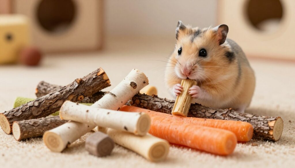 A cozy and vibrant scene featuring a variety of natural chew sticks and branches designed for hamsters. In the foreground, a selection of colorful, textured chewing items like applewood, birch, and carrot sticks are artistically arranged, showcasing their different shapes and sizes. In the middle ground, playful glimpses of a delightful, fluffy hamster curiously nibbling on the sticks, with its tiny paws grasping a branch, adding a sense of life and engagement. The background is softly blurred, hinting at a warm, inviting environment filled with soft bedding and small chew toys. The lighting is soft and warm, creating an inviting atmosphere, with a slight focus on the textures of the wood and the subtle movements of the hamster. The overall mood is playful and nurturing, emphasizing the joy of pet care. A cozy and vibrant scene featuring a variety of natural chew sticks and branches designed for hamsters. In the foreground, a selection of colorful, textured chewing items like applewood, birch, and carrot sticks are artistically arranged, showcasing their different shapes and sizes. In the middle ground, playful glimpses of a delightful, fluffy hamster curiously nibbling on the sticks, with its tiny paws grasping a branch, adding a sense of life and engagement. The background is softly blurred, hinting at a warm, inviting environment filled with soft bedding and small chew toys. The lighting is soft and warm, creating an inviting atmosphere, with a slight focus on the textures of the wood and the subtle movements of the hamster. The overall mood is playful and nurturing, emphasizing the joy of pet care.