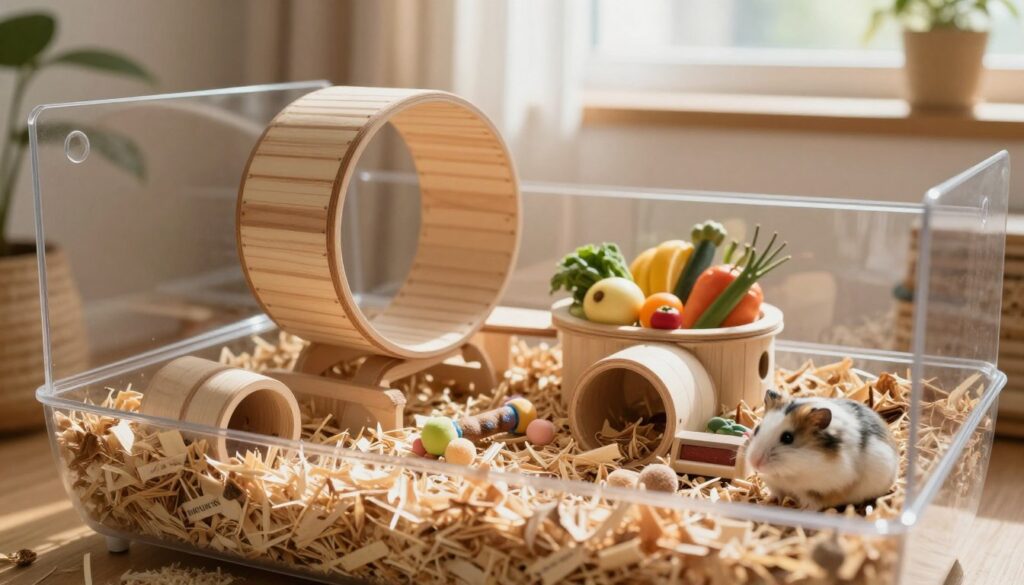 A cozy and well-designed hamster habitat showcasing various aspects of "warunki życia" for a Dzungarian hamster. In the foreground, place a spacious, multi-level cage filled with natural materials like aspen bedding, a sturdy exercise wheel, and small tunnels made from untreated wood. In the middle ground, include a small container of fresh fruits and vegetables, alongside a paw-friendly chew toy. The background features a warm, inviting room with natural light streaming through a window, casting soft shadows on the cage. Use a shallow depth of field to focus on the habitat while subtly blurring the surroundings, evoking a calm and nurturing atmosphere. The image should convey the essential elements of care that contribute to the cost of keeping a hamster, portrayed in a visually appealing manner.