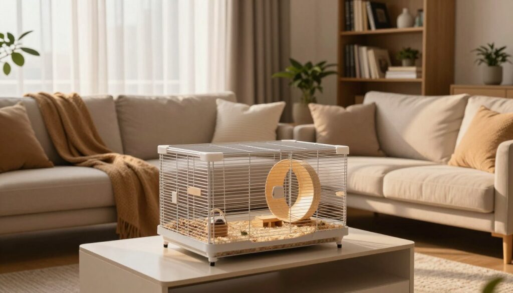 A cozy corner in a modern living room showcasing the perfect spot for a hamster cage. In the foreground, a stylish, spacious hamster cage filled with bedding, toys, and a wheel, positioned on a sleek console table. The middle layer features a comfortable sofa with soft cushions and a warm throw blanket, while natural light filters through sheer curtains, creating a soft, inviting glow. In the background, a bookshelf filled with books and decorative plants emphasizes a serene atmosphere. The overall mood is peaceful, highlighting a harmonious blend of pet care within a stylish home environment. Use a wide-angle lens to capture the entire setting, ensuring warm, inviting lighting to enhance the domestic feel without distractions.
