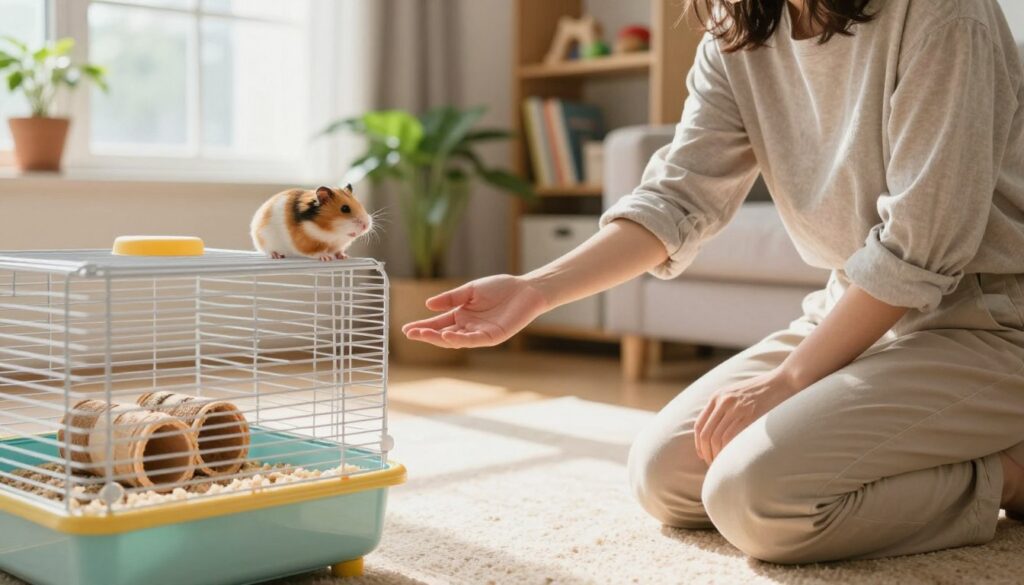 A cozy domestic setting showcasing a person gently interacting with a small, friendly hamster in a spacious, well-lit living room. In the foreground, the person, dressed in casual yet modest clothing, is kneeling down, extending their hand toward the hamster, showcasing a sense of trust. The hamster is perched on the edge of a colorful, comfortable cage with soft bedding, and a few tunnels visible. In the middle ground, a calming environment is depicted with a window allowing natural light to flood in, casting soft shadows, and potted plants providing an inviting touch. In the background, shelves filled with pet care books and toys illustrate a nurturing atmosphere. The overall mood is warm and harmonious, emphasizing the bond being built through gentle interaction and routine.
