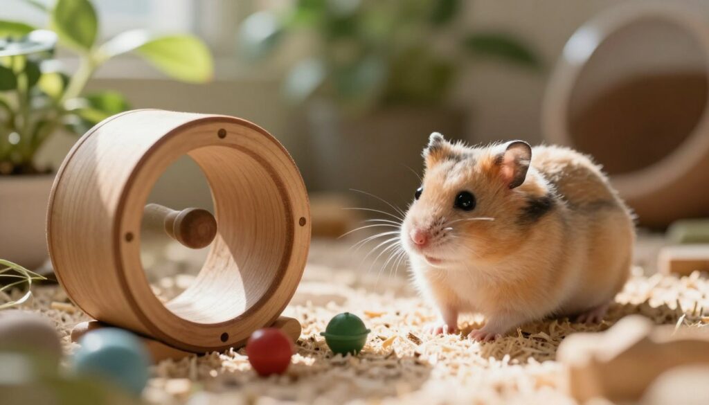 A cozy habitat scene featuring two hamsters, one curiously exploring its surroundings while the other watches protectively. In the foreground, a wooden wheel and small toys scattered on soft bedding give a playful ambiance, highlighting the socialize nature of the hamsters. The middle ground captures a gentle sunbeam illuminating their interactions, creating a warm, inviting atmosphere. In the background, soft green foliage and natural elements add depth, representing a harmonious environment. The lighting is soft and natural, enhancing the warm colors of the hamsters' fur and the richness of their habitat. The overall mood conveys a sense of companionship and curiosity, reflecting the importance of relationships in their lives.