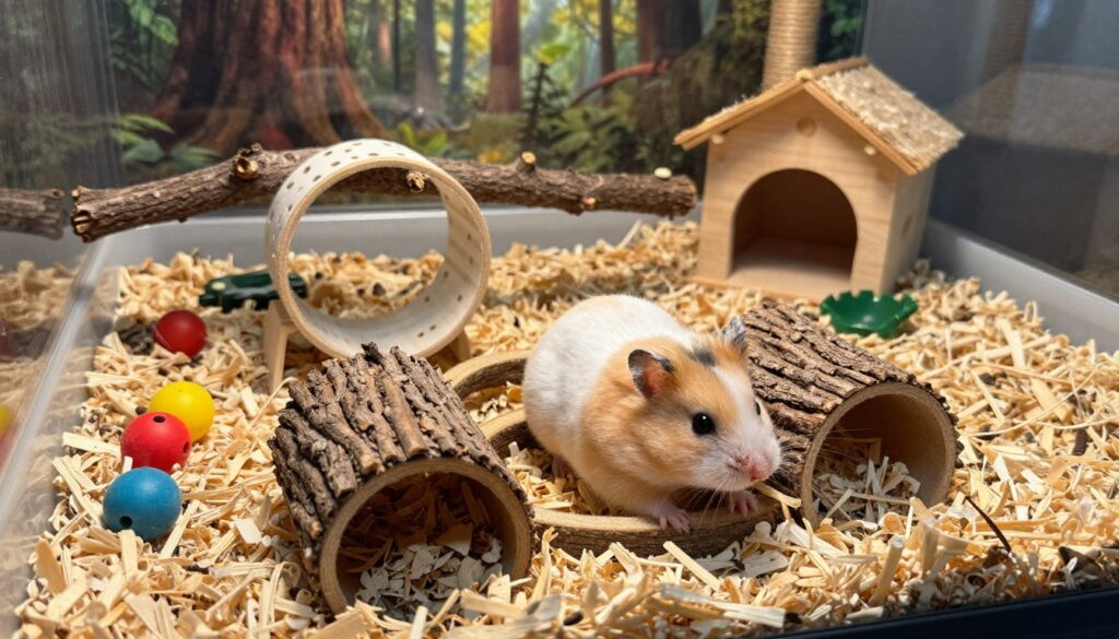 A cozy hamster cage environment featuring a happy, active Dzungarian hamster. In the foreground, the hamster is exploring a labyrinth of tunnels made from natural materials, surrounded by soft bedding and colorful chew toys. The middle ground shows branches and a small wheel for exercise, placed on a substrate of clean, natural bedding. In the background, the cage is adorned with climbing structures and hideaways, simulating a forest habitat. Soft, warm lighting casts gentle shadows, creating a serene atmosphere. The scene is captured from a slightly elevated angle, emphasizing the spaciousness of the cage while still focusing on the energetic movements of the hamster. The overall mood is lively yet peaceful, showcasing a nurturing environment for the animal.