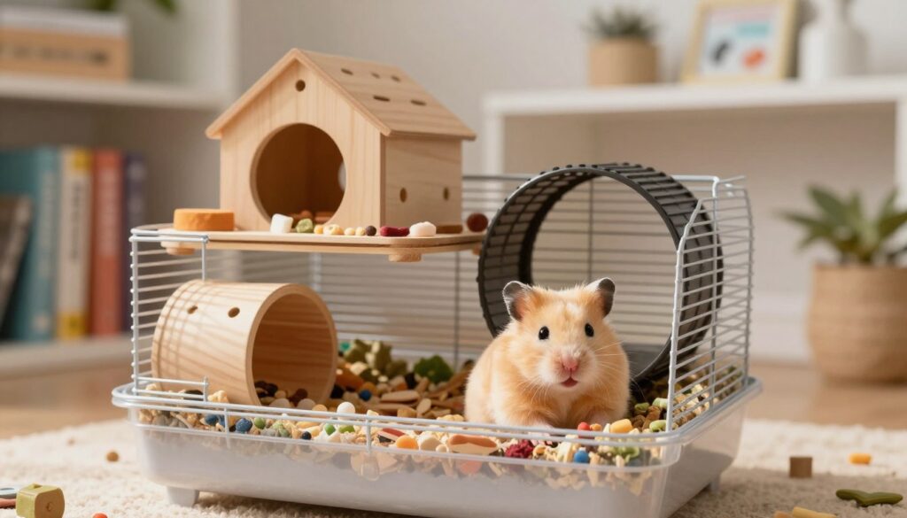 A cozy hamster cage in a well-lit room, focusing on an intricately designed multi-level habitat featuring tunnels, a wheel, and chew toys. The foreground showcases the cage with a fluffy golden Syrian hamster peeking out, its fur glowing in the warm, natural light. The middle layer presents the components of the cage with colorful bedding and edibles scattered around, giving a sense of home for the hamster. In the background, a shelf filled with pet care books and supplies establishes a nurturing atmosphere. Soft shadows enhance the three-dimensionality, and a slight depth-of-field effect emphasizes the main cage while softly blurring the background. The mood is inviting and playful, reflecting the joy of caring for a pet hamster.