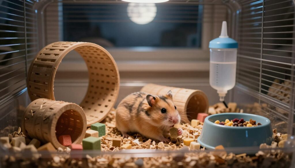 A cozy, illuminated hamster habitat at night featuring a Siberian dwarf hamster energetically exploring its environment. In the foreground, the hamster is interacting with a variety of enriching toys—a small wheel, tunnels, and chewable blocks. The middle ground shows a well-maintained cage with natural bedding, a water bottle, and food bowl, emphasizing a safe and engaging living space. In the background, soft mood lighting mimics moonlight filtering through a window, casting gentle shadows that create a tranquil atmosphere. The scene conveys a sense of nocturnal activity, highlighting the hamster's natural behavior with a focus on its agility and playful nature, while also suggesting the importance of a stress-free environment for its well-being. A cozy, illuminated hamster habitat at night featuring a Siberian dwarf hamster energetically exploring its environment. In the foreground, the hamster is interacting with a variety of enriching toys—a small wheel, tunnels, and chewable blocks. The middle ground shows a well-maintained cage with natural bedding, a water bottle, and food bowl, emphasizing a safe and engaging living space. In the background, soft mood lighting mimics moonlight filtering through a window, casting gentle shadows that create a tranquil atmosphere. The scene conveys a sense of nocturnal activity, highlighting the hamster's natural behavior with a focus on its agility and playful nature, while also suggesting the importance of a stress-free environment for its well-being.