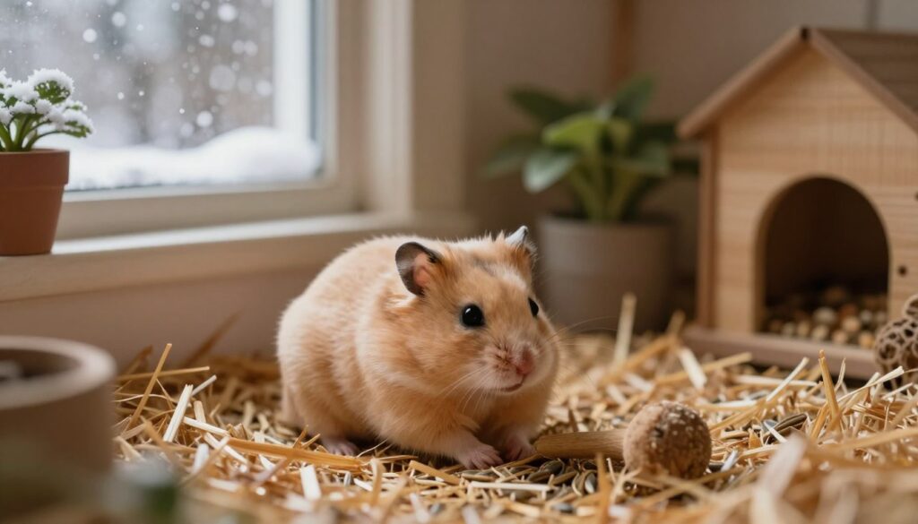 A cozy indoor scene depicting a warm and safe environment for a hamster preparing for winter. In the foreground, a fluffy, well-cared-for hamster is nestled in a soft, straw-filled bedding, with a few scattered seeds and a little chew toy nearby. The middle ground features a comfortable small animal habitat with gentle, ambient lighting, creating a warm atmosphere. In the background, a window shows a light snowfall outside, hinting at the cold winter environment, while indoor plants add a touch of greenery. Soft, diffused light casts a serene glow, emphasizing the tranquil and supportive conditions ideal for the hamster's health during winter. The overall mood is calm and nurturing, reflecting a safe indoor haven.