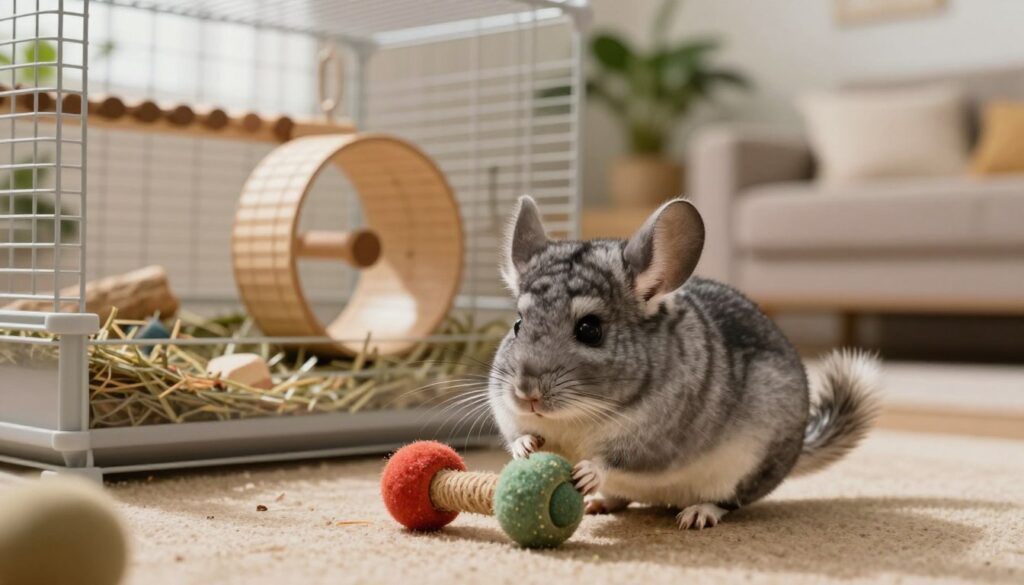 A cozy indoor setting featuring a chinchilla engaging in its daily life, capturing its social nature and need for companionship. In the foreground, a fluffy chinchilla is playfully interacting with colorful chew toys, with a gentle, warm light illuminating its soft fur. The middle ground shows a spacious, well-designed cage filled with natural materials like wood and hay, along with a small wheel for exercise. In the background, a serene living space is visible, adorned with potted plants and soft furnishings, emphasizing a peaceful atmosphere. The image should evoke a sense of comfort and happiness, reflecting the health benefits of a nurturing environment for the chinchilla. Use a soft focus to create a warm, inviting mood. A cozy indoor setting featuring a chinchilla engaging in its daily life, capturing its social nature and need for companionship. In the foreground, a fluffy chinchilla is playfully interacting with colorful chew toys, with a gentle, warm light illuminating its soft fur. The middle ground shows a spacious, well-designed cage filled with natural materials like wood and hay, along with a small wheel for exercise. In the background, a serene living space is visible, adorned with potted plants and soft furnishings, emphasizing a peaceful atmosphere. The image should evoke a sense of comfort and happiness, reflecting the health benefits of a nurturing environment for the chinchilla. Use a soft focus to create a warm, inviting mood.