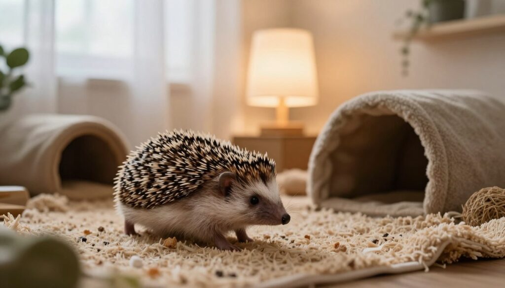 A cozy indoor setting featuring a hedgehog exploring its environment, emphasizing the themes of movement, stress, and safety. In the foreground, a curious hedgehog navigates through a safe, enriched habitat filled with soft bedding, small tunnels, and hiding spots for security. The middle ground includes gentle lighting from a nearby soft lamp, casting warm tones and shadows that create a comforting atmosphere. In the background, a window with sheer curtains allows soft daylight to filter in, adding to the tranquil mood. The overall composition should evoke a sense of peace and safety, showcasing the hedgehog's natural behavior while highlighting the importance of a stress-free home environment.