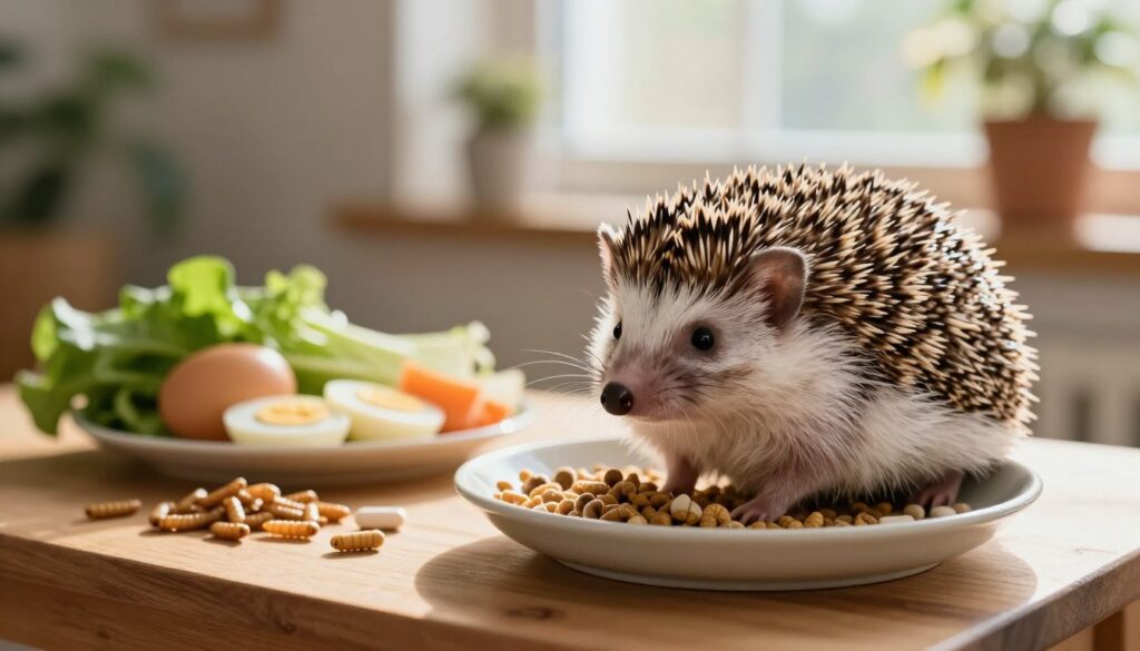 A cozy, inviting scene featuring a domestic hedgehog sitting in a small, beautifully arranged dish filled with nutritious hedgehog food. In the foreground, the hedgehog is depicted in fine detail, with its quills lightening as they catch a warm, soft light from a nearby window, enhancing its adorable features. The middle ground features a well-stocked wooden table with various supplements and fresh vegetables, including bits of cooked eggs and mealworms, designed to reflect a balanced diet. The background is softly blurred, suggesting a warm and nurturing home environment filled with houseplants and gentle sunlight streaming through the window, creating a peaceful atmosphere that supports the notion of longevity in pet hedgehogs. The overall mood is wholesome and caring, evoking a sense of love and attention towards pet care. A cozy, inviting scene featuring a domestic hedgehog sitting in a small, beautifully arranged dish filled with nutritious hedgehog food. In the foreground, the hedgehog is depicted in fine detail, with its quills lightening as they catch a warm, soft light from a nearby window, enhancing its adorable features. The middle ground features a well-stocked wooden table with various supplements and fresh vegetables, including bits of cooked eggs and mealworms, designed to reflect a balanced diet. The background is softly blurred, suggesting a warm and nurturing home environment filled with houseplants and gentle sunlight streaming through the window, creating a peaceful atmosphere that supports the notion of longevity in pet hedgehogs. The overall mood is wholesome and caring, evoking a sense of love and attention towards pet care.