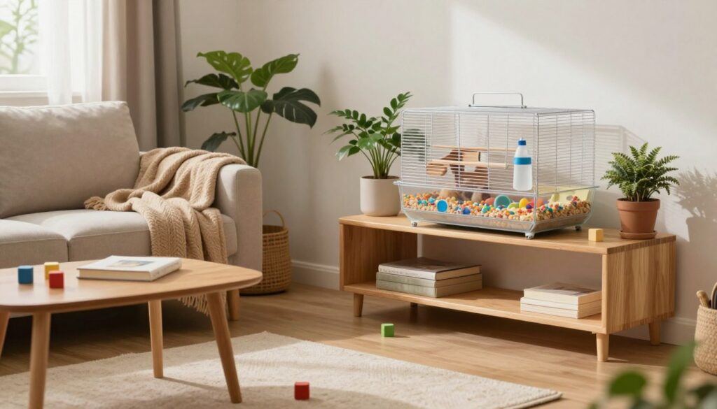 A cozy living room scene featuring a well-placed hamster cage on a wooden shelf, surrounded by houseplants and soft lighting. In the foreground, a clean, spacious hamster cage made of transparent glass, with colorful bedding, a water bottle, and various toys for the hamster. The middle ground includes a comfortable couch with a warm blanket draped over it, a stylish wooden coffee table with a small book, and scattered toy blocks. In the background, soft natural light filters through a window, illuminating the room with a relaxed atmosphere. The overall mood is peaceful and inviting, showcasing a perfect spot for a hamster cage in a home environment that promotes tranquility. A cozy living room scene featuring a well-placed hamster cage on a wooden shelf, surrounded by houseplants and soft lighting. In the foreground, a clean, spacious hamster cage made of transparent glass, with colorful bedding, a water bottle, and various toys for the hamster. The middle ground includes a comfortable couch with a warm blanket draped over it, a stylish wooden coffee table with a small book, and scattered toy blocks. In the background, soft natural light filters through a window, illuminating the room with a relaxed atmosphere. The overall mood is peaceful and inviting, showcasing a perfect spot for a hamster cage in a home environment that promotes tranquility.