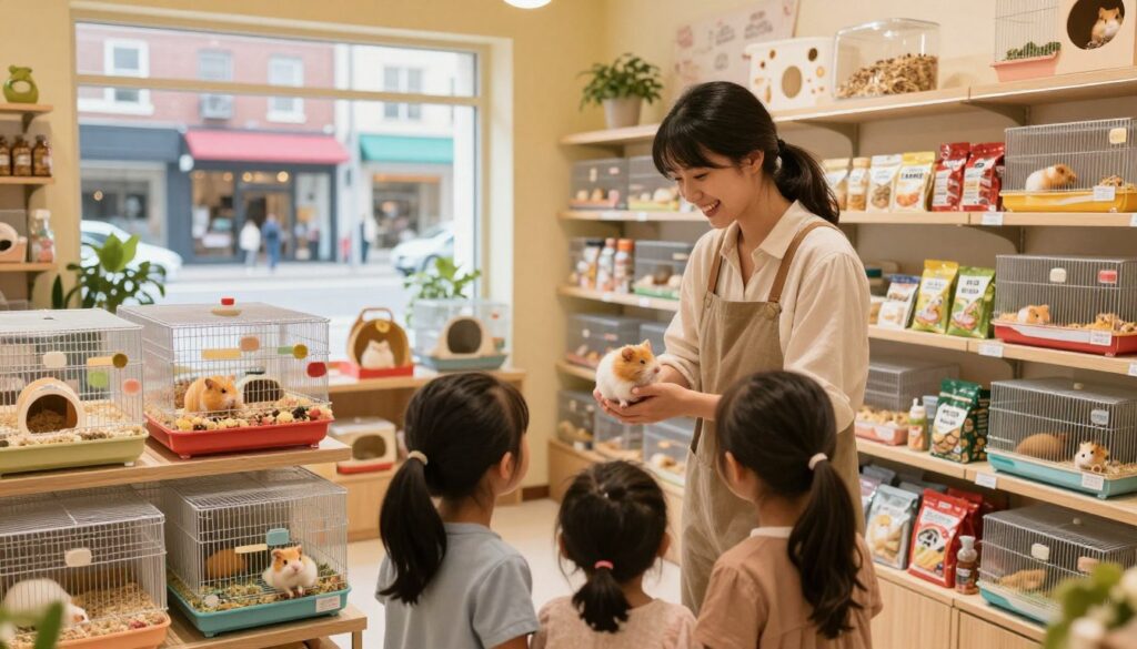 A cozy pet shop interior, well-lit with warm, inviting lighting, showcasing a variety of hamsters in their habitats. In the foreground, a friendly shopkeeper, dressed casually, is attentively interacting with a family looking to adopt a hamster. The middle ground features neat cages with colorful bedding, food supplies, and accessories for hamsters, highlighting the environment for potential pet owners. In the background, a window displays a vibrant street scene, suggesting a lively neighborhood pet community. The overall atmosphere feels welcoming and informative, emphasizing the importance of a safe and reliable place to purchase pets, reflecting the significance of making informed choices regarding pet health and cost.
