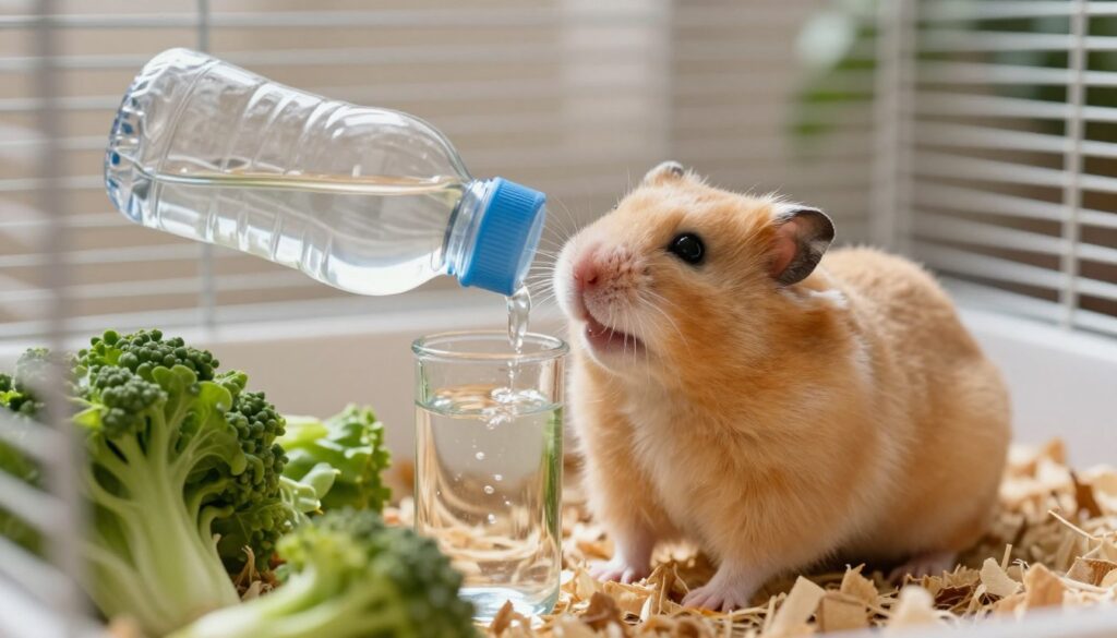 A cozy scene featuring a happy hamster sipping fresh water from a small, elegant water bottle in its cage. The foreground showcases the hamster, a fluffy golden Syrian variety, with detailed fur reflecting soft, natural lighting. In the middle, the water bottle glistens, and fresh green vegetables surround the cage, adding vibrant color and texture. The background presents a neatly arranged cage with natural wood shavings and a soft, warm light filtering through, creating a serene atmosphere. The focus of the image highlights the relationship between the hamster's hydration and its health, emphasizing a lively and energetic pet wellness vibe. A cozy scene featuring a happy hamster sipping fresh water from a small, elegant water bottle in its cage. The foreground showcases the hamster, a fluffy golden Syrian variety, with detailed fur reflecting soft, natural lighting. In the middle, the water bottle glistens, and fresh green vegetables surround the cage, adding vibrant color and texture. The background presents a neatly arranged cage with natural wood shavings and a soft, warm light filtering through, creating a serene atmosphere. The focus of the image highlights the relationship between the hamster's hydration and its health, emphasizing a lively and energetic pet wellness vibe.