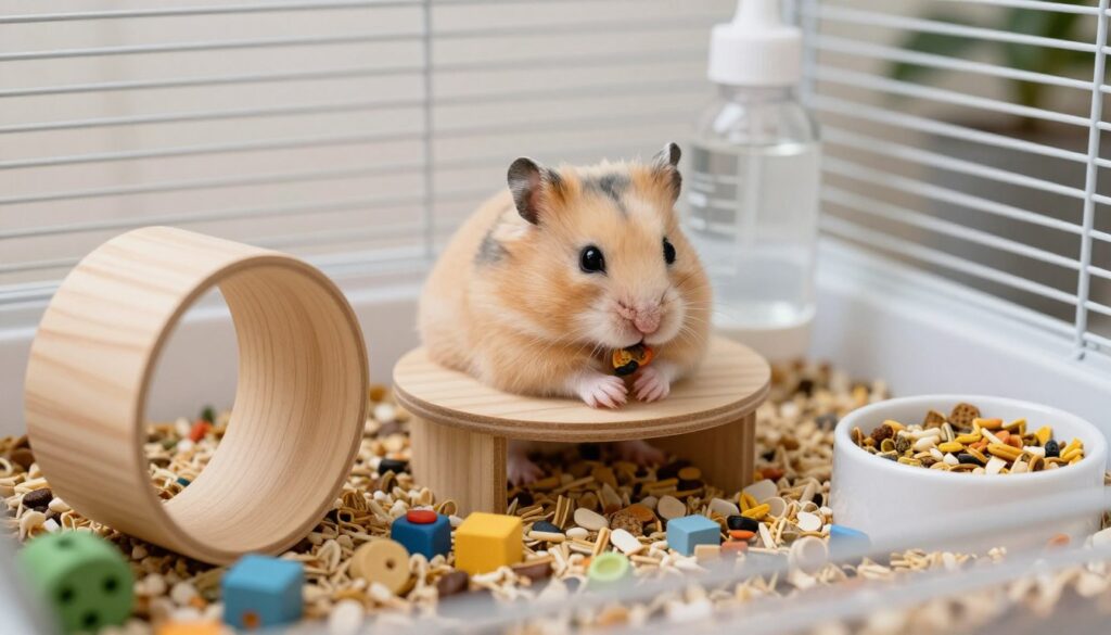 A cozy scene in a well-maintained hamster cage, showcasing a Syrian hamster with a soft, fluffy coat, playfully grooming itself. The foreground features a clean, colorful bedding with scattered miniature toys, such as a small chew block and an exercise wheel. In the middle, the hamster is perched atop a small wooden platform, highlighting its bright eyes and well-kept fur. Background elements include a clear water bottle and a small food dish filled with fresh pellets. Soft natural lighting illuminates the cage, creating a warm and inviting atmosphere. The angle is slightly above the cage, giving a clear view of the hamster and its surroundings, emphasizing the importance of hygiene and care in maintaining the hamster’s health.