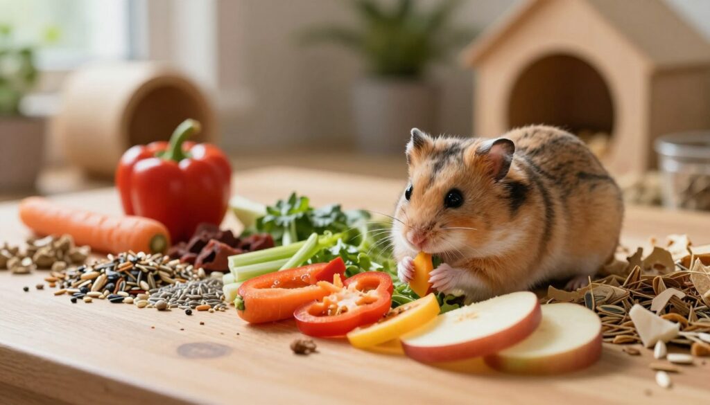A cozy tabletop scene featuring a cute, healthy hamster sitting on a bed of fresh bedding material. In the foreground, the hamster is nibbling on a colorful variety of fresh vegetables and fruits, such as carrots, bell peppers, and apple slices. The middle ground shows a neatly arranged collection of seeds and dried fruits, highlighting the balanced diet for hamsters. In the background, a softly blurred pet habitat with natural elements like wooden tunnels and greenery enhances the setting. The lighting is warm and inviting, with soft natural light filtering in, creating a peaceful atmosphere. Use a shallow depth of field to focus on the hamster while ensuring the surrounding elements support the theme of a nutritious diet for long-lived hamsters.