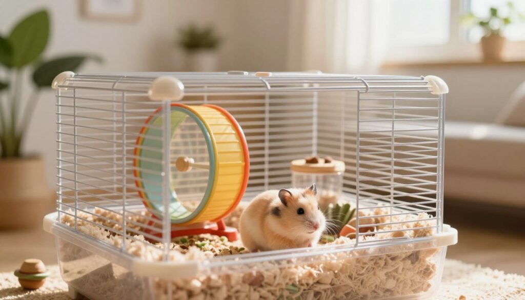 A cozy, well-furnished hamster cage set in a warm, inviting room. In the foreground, showcase an adorable Dzungarian hamster exploring its neat enclosure filled with soft bedding, a colorful wheel, and small chew toys. The middle layer includes clear bars of the cage, emphasizing safety and comfort, with a gentle, natural light illuminating the scene, creating soft shadows. In the background, include a serene view of the room decorated with houseplants and sunlight filtering through a nearby window, enhancing the warm atmosphere. Capture the essence of a tranquil first day for the hamster, evoking feelings of safety and curiosity, with a soft focus effect to enhance the mood.