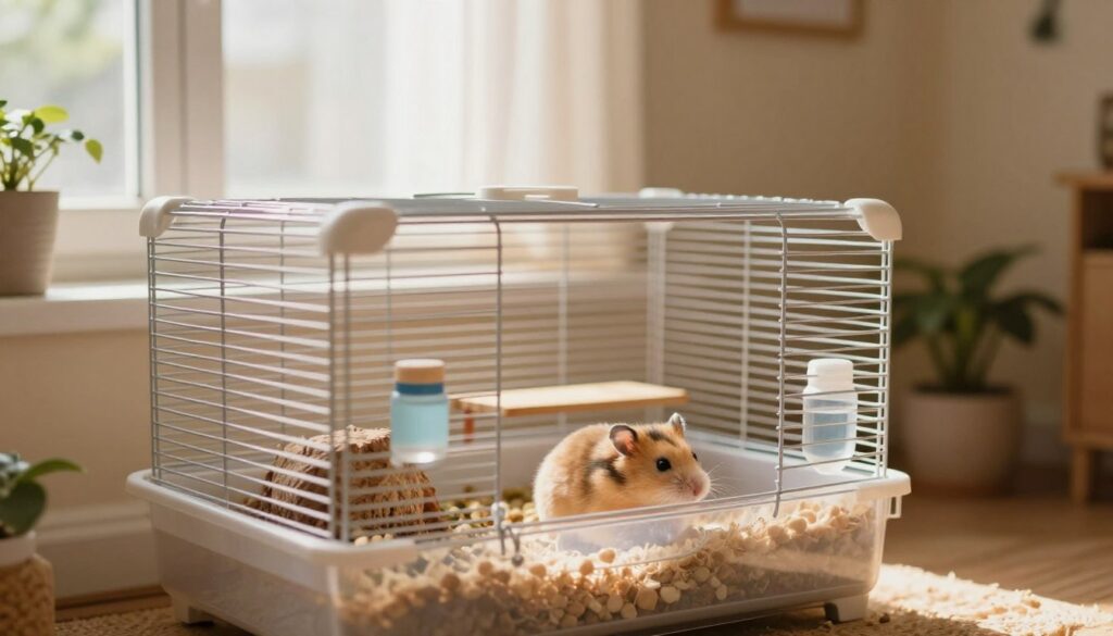 A cozy, well-maintained hamster cage set in a warm room environment. In the foreground, a spacious and clean cage features comfortable bedding, chew toys, and a small water bottle. In the middle ground, soft natural light filters in through a nearby window, illuminating the cage and creating a serene atmosphere. The background shows a gentle view of the room with a small houseplant and warm-colored walls, evoking a sense of safety and comfort. The scene conveys a feeling of tranquility, highlighting the importance of proper lighting, food, and water in maintaining a healthy environment for a pet hamster. Use a soft focus lens effect to enhance the inviting mood, showcasing the cage’s details clearly without distractions. A cozy, well-maintained hamster cage set in a warm room environment. In the foreground, a spacious and clean cage features comfortable bedding, chew toys, and a small water bottle. In the middle ground, soft natural light filters in through a nearby window, illuminating the cage and creating a serene atmosphere. The background shows a gentle view of the room with a small houseplant and warm-colored walls, evoking a sense of safety and comfort. The scene conveys a feeling of tranquility, highlighting the importance of proper lighting, food, and water in maintaining a healthy environment for a pet hamster. Use a soft focus lens effect to enhance the inviting mood, showcasing the cage’s details clearly without distractions.