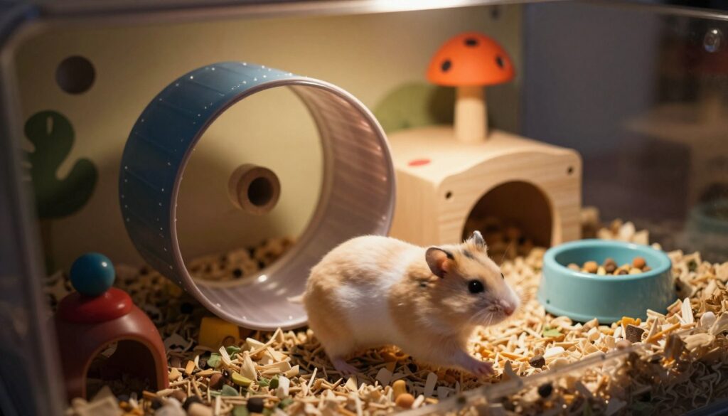 A cozy, well-structured hamster habitat at night. In the foreground, a playful dwarf hamster is running energetically on a wheel, creating movement and noise. The middle ground showcases a detailed habitat with tunnels, chew toys, and a small food dish, all softly illuminated by a warm, dim light. In the background, shadows of bedding and decorative elements create a homely atmosphere. The angle is slightly above the habitat, focusing on the hamster’s lively behavior while conveying a sense of nocturnal activity. The overall mood is lively yet serene, capturing the essence of a hamster’s nocturnal lifestyle. Soft lighting highlights the fur texture and vibrant colors of the habitat. A cozy, well-structured hamster habitat at night. In the foreground, a playful dwarf hamster is running energetically on a wheel, creating movement and noise. The middle ground showcases a detailed habitat with tunnels, chew toys, and a small food dish, all softly illuminated by a warm, dim light. In the background, shadows of bedding and decorative elements create a homely atmosphere. The angle is slightly above the habitat, focusing on the hamster’s lively behavior while conveying a sense of nocturnal activity. The overall mood is lively yet serene, capturing the essence of a hamster’s nocturnal lifestyle. Soft lighting highlights the fur texture and vibrant colors of the habitat.