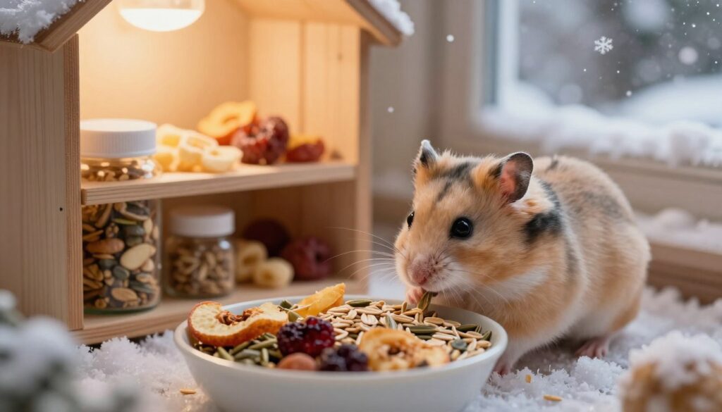 A cozy winter scene depicting a hamster in a well-appointed cage preparing for winter. In the foreground, portray the hamster nervously sniffing a bowl filled with an assortment of healthy winter foods, such as oats, seeds, and dried fruits. In the middle ground, include a small wooden storage area filled with neatly stacked food supplies, emphasizing the idea of winter preparation. In the background, create a soft, warm glow with gentle lighting, mimicking the feeling of a home in winter, while fluffy snowflakes fall outside a nearby window. The mood should evoke a sense of care and attention to the hamster’s dietary needs during winter, highlighting the importance of balanced feeding without excess. No text or any human presence is included, ensuring a focus solely on the hamster and its winter diet.