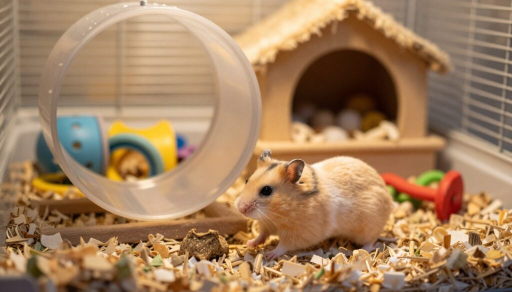 A cute Dzungarian hamster engaging in its daily activities inside a well-furnished cage. In the foreground, the hamster can be seen running on a wheel, with a small pile of bedding nearby. The middle ground features various toys, like tunnels and chew toys, while the background displays a cozy hideaway filled with soft materials. The scene is illuminated by warm, soft lighting to create a welcoming atmosphere, with a slight focus on the hamster to convey its playful and curious personality. The overall mood is lively yet tranquil, emphasizing the importance of a stimulating environment for a healthy hamster life.