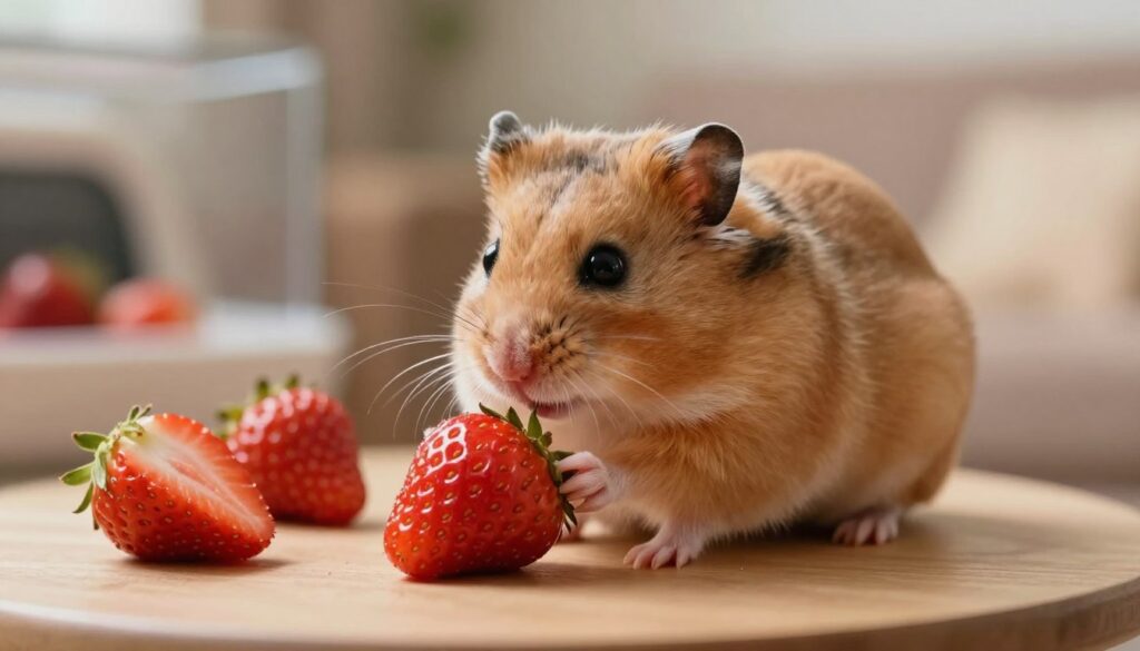 A cute dwarf hamster sitting on a small table, curiously sniffing a ripe strawberry, with a look of uncertainty in its eyes. The foreground focuses on the hamster, showcasing its soft, fluffy fur and tiny paws delicately touching the strawberry. In the middle ground, a few pieces of uneaten strawberry are scattered, hinting at the potential risks of the fruit for hamsters. In the background, a cozy environment with soft, warm lighting creates a homey atmosphere; there are blurred petting supplies and soft bedding visible. The image should convey a thoughtful mood, inviting viewers to consider the implications of feeding strawberries to hamsters, with a slightly muted color palette to enhance the overall serene vibe.