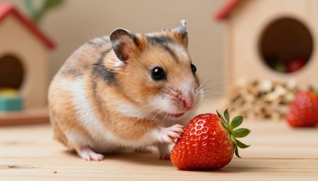 A cute hamster sitting on a wooden surface, examining a fresh, plump strawberry. The hamster's fur is soft and fluffy, showcasing shades of brown and white. It curiously sniffs the strawberry, which is vibrant red with green leaves still attached. Surrounding the hamster is a softly blurred background of a cozy hamster habitat, with small toys and bedding elements suggestive of a homey environment. The lighting is warm and inviting, creating a gentle, natural glow that highlights the textures of the hamster's fur and the strawberry’s surface. The composition captures a moment of innocence and curiosity, evoking a sense of joy and playfulness appropriate for educating about hamster diets.