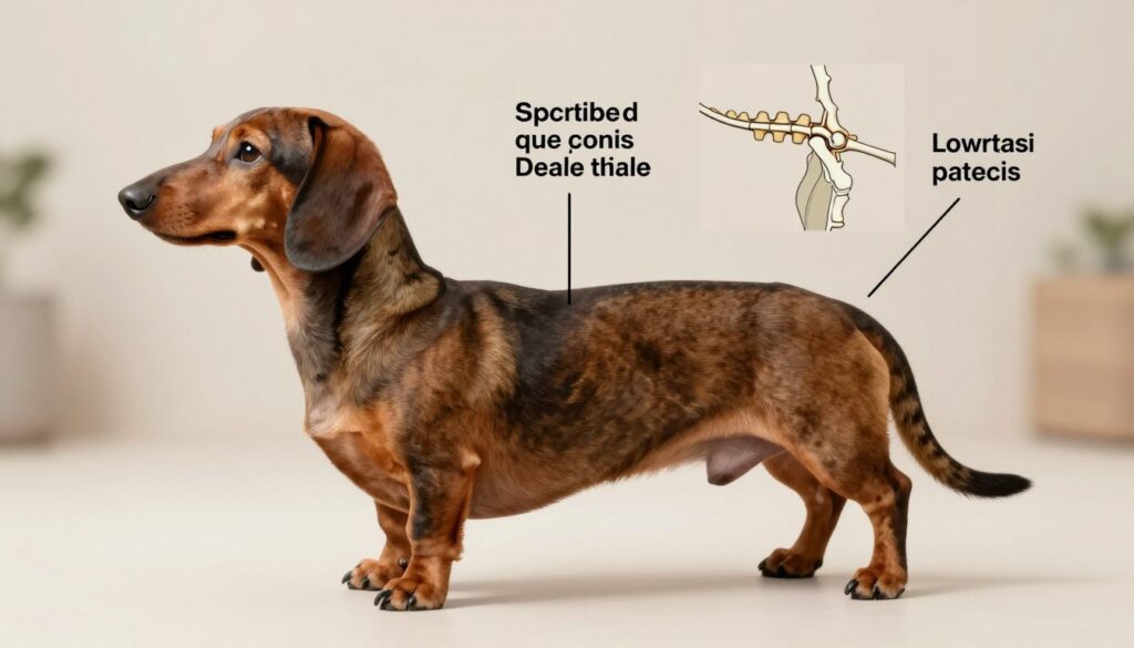 A detailed anatomical illustration of a Dachshund showcasing its unique body structure. In the foreground, focus on a side profile of the Dachshund, emphasizing its long spine, short legs, and pronounced chest. The middle section should include annotations highlighting specific areas of concern related to spinal health, such as the lower back and joints. The background features a soft, neutral environment, possibly with a subtle gradient to enhance visibility. Use soft, natural lighting to capture the dog's fur texture and features, and add a slight depth of field effect for professionalism. The overall mood should be educational and informative, ideal for a veterinary audience.