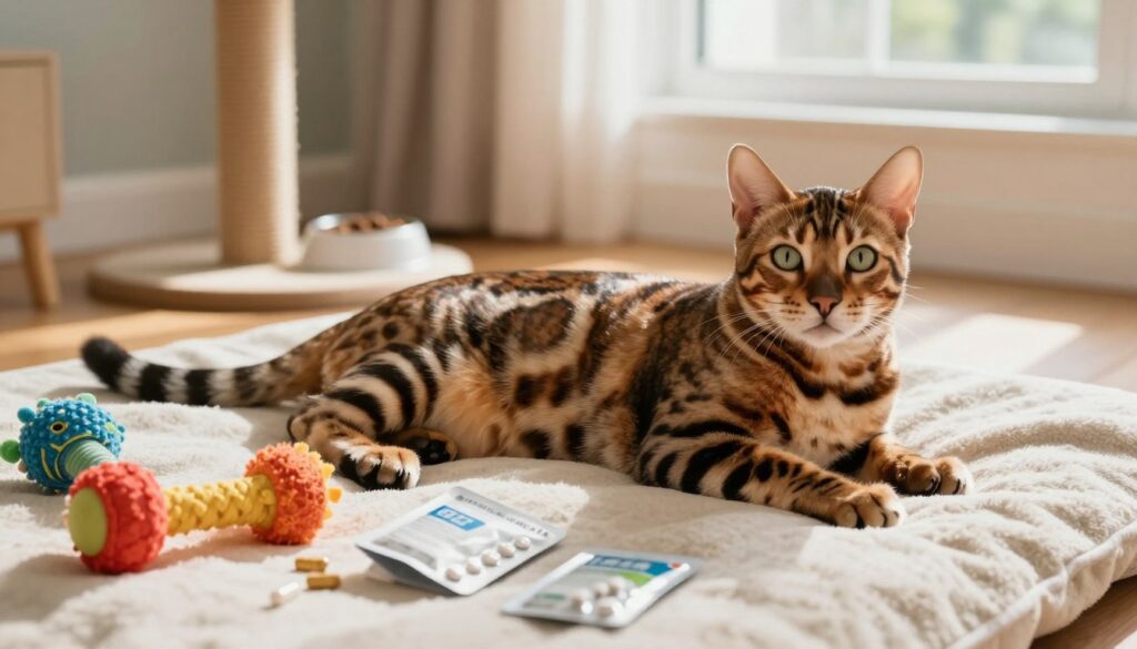 A detailed and realistic portrayal of a Bengal cat lounging in a cozy home environment. In the foreground, focus on the cat, showcasing its unique coat pattern with distinct rosettes and vibrant colors. The cat is positioned on a plush bed surrounded by care items such as pet toys and health supplements, highlighting the financial aspect of pet care. In the middle ground, include elements like a scratching post and food bowls to signify daily maintenance costs. The background features warm natural lighting coming through a window, casting gentle shadows, creating an inviting atmosphere. The lens should capture the scene from a slight angle above to emphasize the Bengal cat's playful nature. The mood is warm, informative, and engaging, evoking the joys and responsibilities of pet ownership. A detailed and realistic portrayal of a Bengal cat lounging in a cozy home environment. In the foreground, focus on the cat, showcasing its unique coat pattern with distinct rosettes and vibrant colors. The cat is positioned on a plush bed surrounded by care items such as pet toys and health supplements, highlighting the financial aspect of pet care. In the middle ground, include elements like a scratching post and food bowls to signify daily maintenance costs. The background features warm natural lighting coming through a window, casting gentle shadows, creating an inviting atmosphere. The lens should capture the scene from a slight angle above to emphasize the Bengal cat's playful nature. The mood is warm, informative, and engaging, evoking the joys and responsibilities of pet ownership.