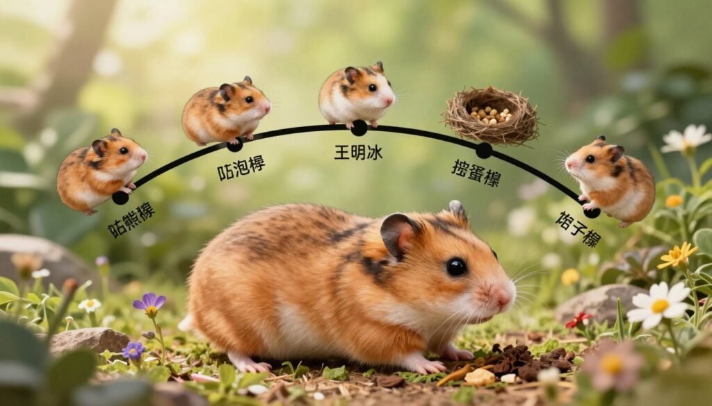 A detailed and scientific illustration of a female hamster in a natural habitat, showcasing her estrous cycle. In the foreground, the hamster is depicted in a realistic style, surrounded by small flowers and soft bedding, highlighting her vibrant fur and attentive posture. In the middle ground, subtle changes in her surroundings reflect different stages of the cycle, such as a small nest and food scattered around, representing her active behavior. The background features a soft-focus setting of green foliage and warm sunlight streaming through, creating a serene atmosphere. The lighting is soft, emphasizing the gentle nature of the scene, with a focus on clarity to underscore the biological aspects of the hamster's cycle. The overall mood is educational and informative, aimed at illustrating the life cycle of the female hamster without human presence. A detailed and scientific illustration of a female hamster in a natural habitat, showcasing her estrous cycle. In the foreground, the hamster is depicted in a realistic style, surrounded by small flowers and soft bedding, highlighting her vibrant fur and attentive posture. In the middle ground, subtle changes in her surroundings reflect different stages of the cycle, such as a small nest and food scattered around, representing her active behavior. The background features a soft-focus setting of green foliage and warm sunlight streaming through, creating a serene atmosphere. The lighting is soft, emphasizing the gentle nature of the scene, with a focus on clarity to underscore the biological aspects of the hamster's cycle. The overall mood is educational and informative, aimed at illustrating the life cycle of the female hamster without human presence.