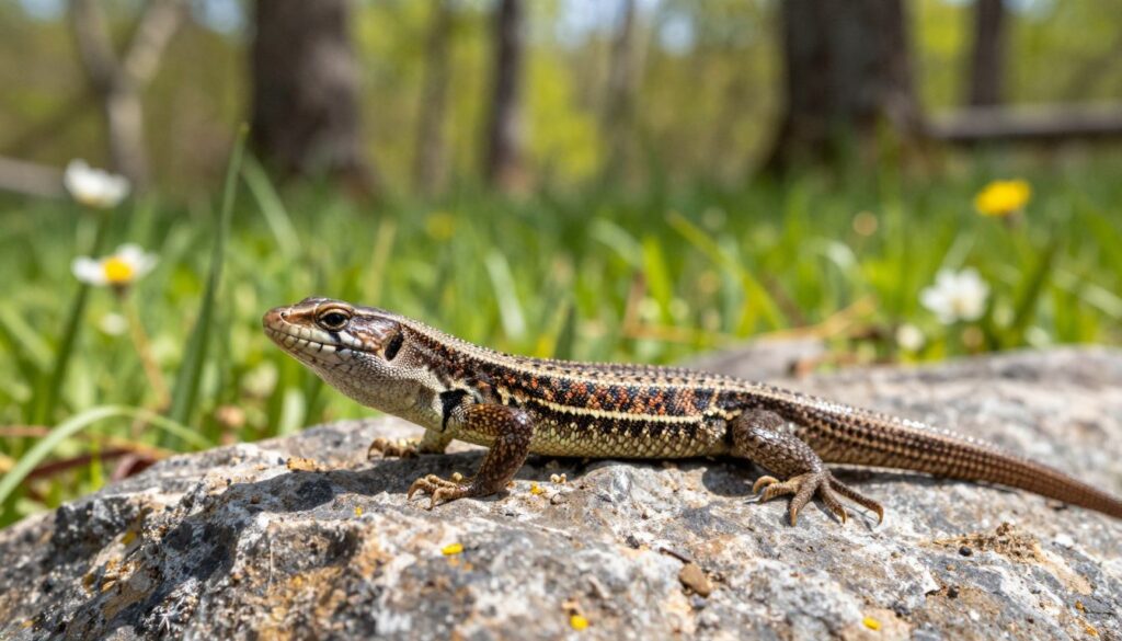 A detailed close-up of a common lizard (Lacerta vivipara), showcasing its intricate scales and vibrant colors, resting on sunlit rocks in a natural Polish environment. The foreground features the lizard with sharp focus, displaying its glossy skin and alert posture, while the middle ground includes lush green grass and scattered wildflowers, adding depth. In the background, soft-focus trees with dappled sunlight create a serene atmosphere, highlighting a warm, natural light that reflects a pleasant spring day. The image should evoke a sense of tranquility and highlight the lizard’s habitat, illustrating its life cycle in the wild. Use a shallow depth of field (f/2.8) for a gentle bokeh effect that accentuates the subject.