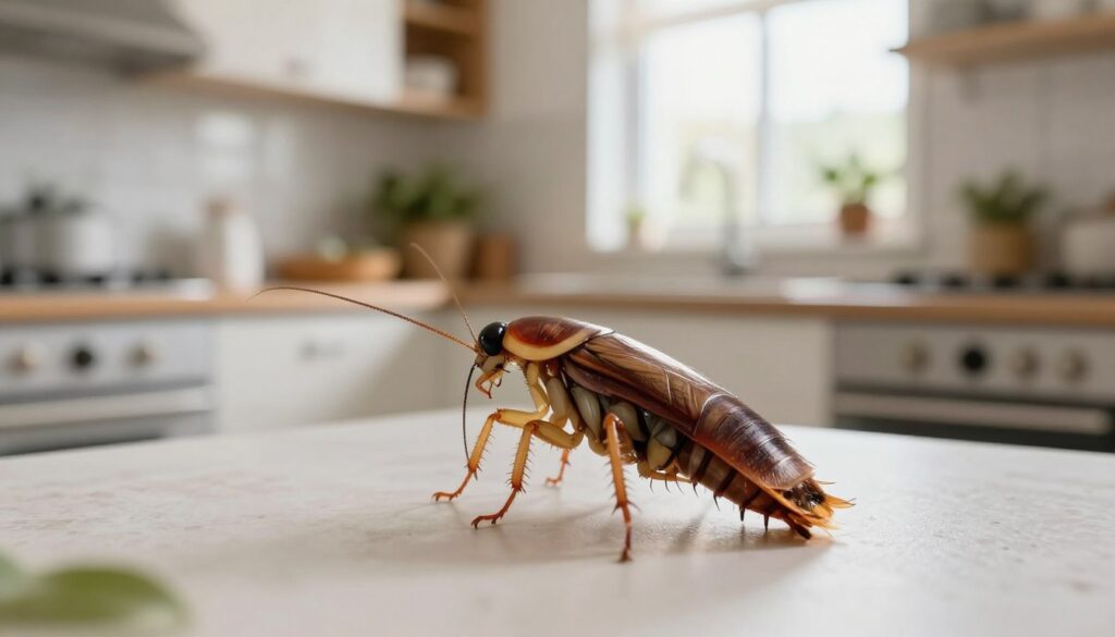 A detailed close-up of a domestic cockroach (Blattella germanica) in a cozy apartment setting, emphasizing the habitat that influences its lifespan. In the foreground, the cockroach is prominently featured, showcasing its fine details like the texture of its exoskeleton and delicate antennae. The middle ground includes a clean kitchen with well-kept surfaces, plants, and subtle hints of humidity, depicting a typical home environment. In the background, soft lighting filters through a window, creating a warm, inviting atmosphere. Use a shallow depth of field to focus on the cockroach while softly blurring the kitchen surroundings. The overall mood should evoke a sense of curiosity about urban life and the hidden ecosystems within homes.