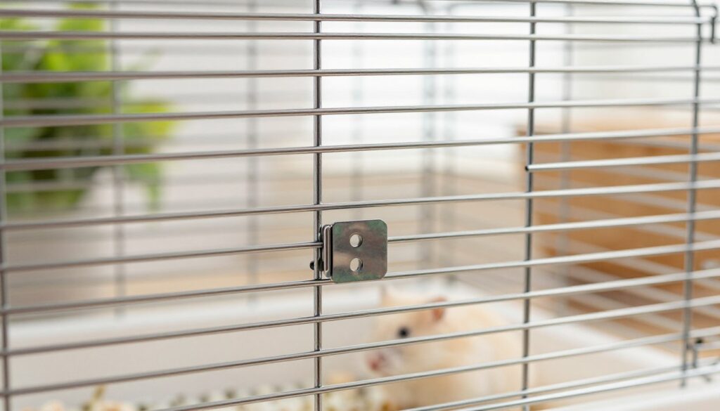 A detailed close-up of a hamster cage highlighting the spacing between metal bars (prętami) for safety. The foreground features shiny, robust bars with careful spacing to prevent escapes, reflecting a safe design. The middle ground includes a small, open door with a secure latch, emphasizing access for cleaning and interaction. The background shows soft, natural lighting coming from a nearby window, creating a warm atmosphere. The colors should be bright and inviting, with a hint of greenery from nearby plants, suggesting a homey environment. The overall mood is one of security and tranquility, ideal for a pet's habitat, with an emphasis on the structure's stability and design integrity. A detailed close-up of a hamster cage highlighting the spacing between metal bars (prętami) for safety. The foreground features shiny, robust bars with careful spacing to prevent escapes, reflecting a safe design. The middle ground includes a small, open door with a secure latch, emphasizing access for cleaning and interaction. The background shows soft, natural lighting coming from a nearby window, creating a warm atmosphere. The colors should be bright and inviting, with a hint of greenery from nearby plants, suggesting a homey environment. The overall mood is one of security and tranquility, ideal for a pet's habitat, with an emphasis on the structure's stability and design integrity.