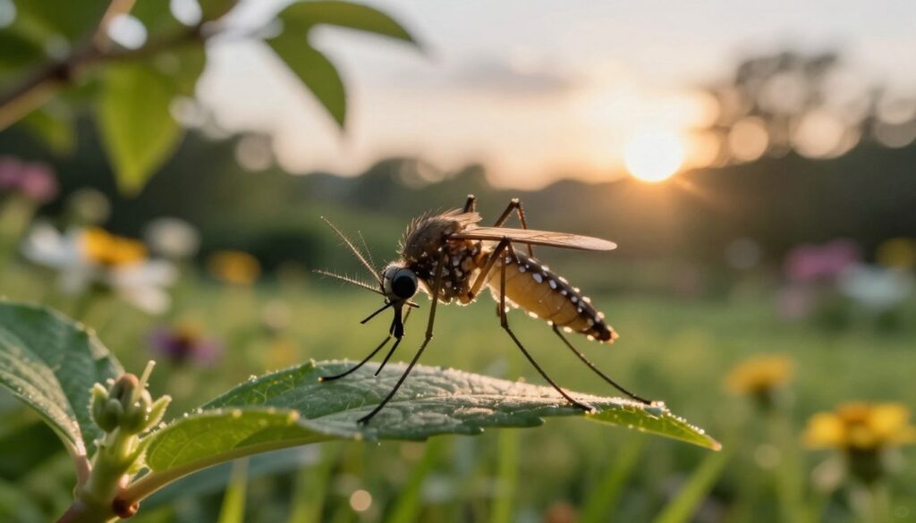 A detailed close-up of a mosquito in a natural summer environment, showcasing its intricate body structure and delicate wings. In the foreground, the mosquito is perched on a vibrant green leaf, emphasizing its fragility and life. The middle ground features a blurred garden scene filled with blooming flowers and lush grass, representing its habitat. Soft sunlight filters through tree leaves, creating dappled light patterns around the mosquito, highlighting its features and casting gentle shadows. The background includes a dreamy, warm sky at sunset, evoking a sense of tranquility and life. The overall mood is contemplative, reflecting the fleeting nature of life, with a focus on the biological aspect of a mosquito's existence in summer. A detailed close-up of a mosquito in a natural summer environment, showcasing its intricate body structure and delicate wings. In the foreground, the mosquito is perched on a vibrant green leaf, emphasizing its fragility and life. The middle ground features a blurred garden scene filled with blooming flowers and lush grass, representing its habitat. Soft sunlight filters through tree leaves, creating dappled light patterns around the mosquito, highlighting its features and casting gentle shadows. The background includes a dreamy, warm sky at sunset, evoking a sense of tranquility and life. The overall mood is contemplative, reflecting the fleeting nature of life, with a focus on the biological aspect of a mosquito's existence in summer.