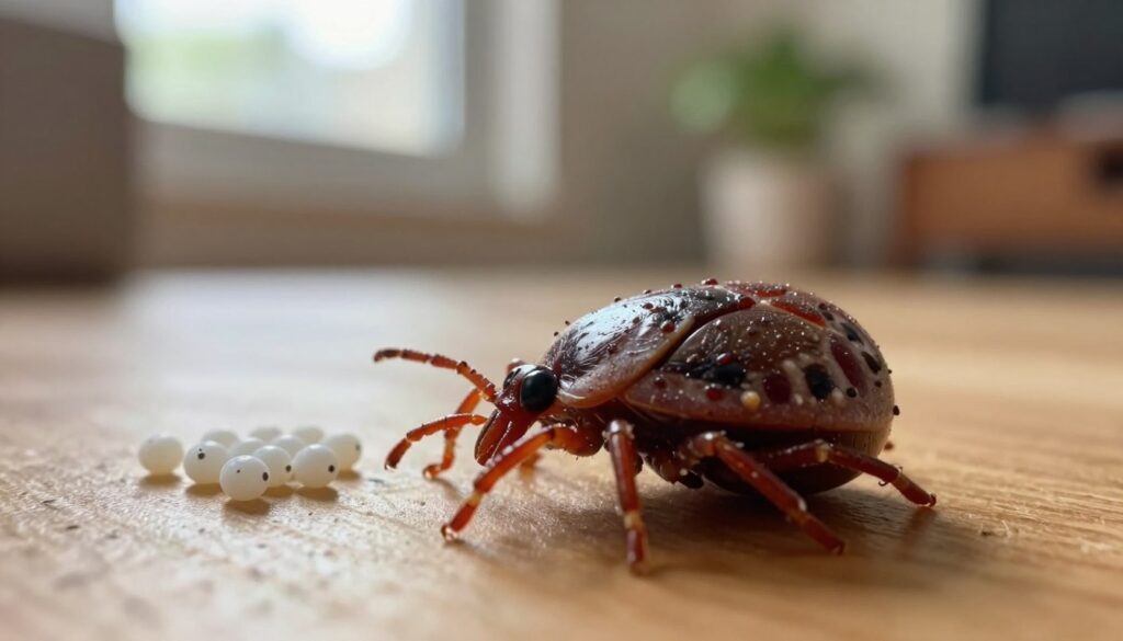 A detailed close-up of a tick laying eggs in a domestic environment, highlighting the tick's texture and the cluster of small, white eggs nearby. The foreground features the tick with intricate body patterns and legs in sharp focus, showcasing its natural coloration of browns and reds against a subtle, softly blurred background of a cozy room setting with wooden floors and a hint of a plant for an organic touch. Soft, natural lighting filters in from a window, casting gentle shadows that enhance the atmosphere of quiet observation. The overall mood is one of awareness and curiosity, emphasizing the importance of recognizing these small yet significant creatures that can thrive indoors. A detailed close-up of a tick laying eggs in a domestic environment, highlighting the tick's texture and the cluster of small, white eggs nearby. The foreground features the tick with intricate body patterns and legs in sharp focus, showcasing its natural coloration of browns and reds against a subtle, softly blurred background of a cozy room setting with wooden floors and a hint of a plant for an organic touch. Soft, natural lighting filters in from a window, casting gentle shadows that enhance the atmosphere of quiet observation. The overall mood is one of awareness and curiosity, emphasizing the importance of recognizing these small yet significant creatures that can thrive indoors.