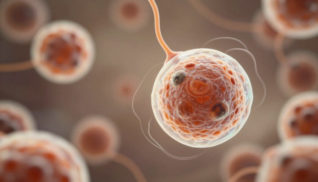 A detailed, high-resolution illustration of a human egg cell (ovum) set against a softly blurred biological background. In the foreground, the ovum is prominently featured, showcasing its unique structure with a textured, translucent surface, surrounded by a halo of delicate, swirling follicular fluid. The middle ground offers a view of nearby ovarian follicles, slightly out of focus, to emphasize depth. The lighting is warm and natural, casting subtle highlights on the ovum that enhance its organic appearance. Soft shadows deepen the image’s dimensionality, creating a serene and educational atmosphere. The overall mood conveys a sense of biological beauty and the intricacies of female reproductive science, inviting viewers to explore the specifics of the subject matter.