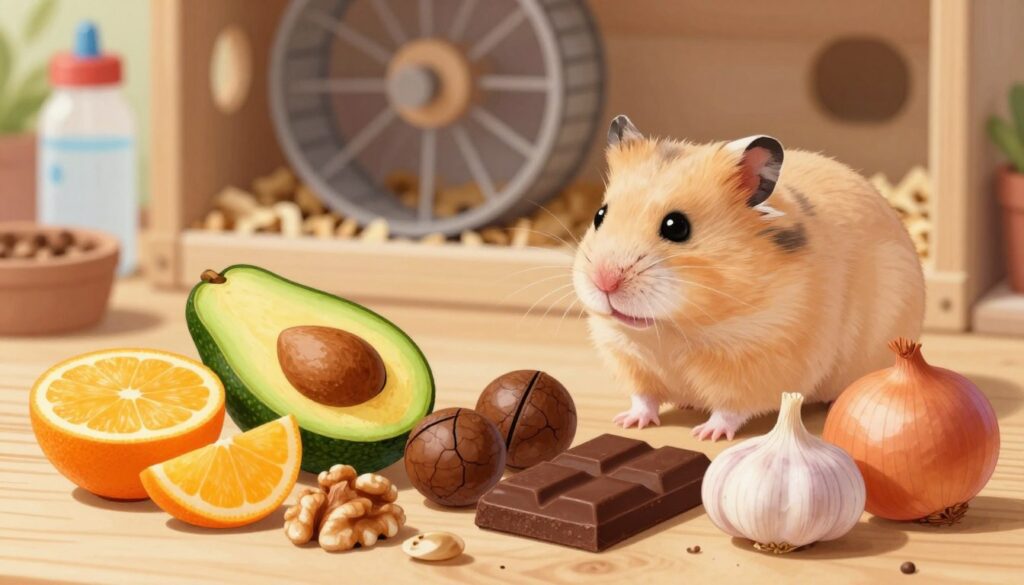 A detailed illustration depicting a collection of common forbidden foods for a Dzungarian hamster. In the foreground, display a vibrant assortment of toxic items, such as pieces of fruit (like citrus and avocados), nuts (like walnuts and macadamias), chocolate, garlic, and onions, arranged neatly on a wooden surface. The middle ground features a curious Dzungarian hamster observing these items with an inquisitive expression. In the background, create a soft-focus scene of a cozy hamster habitat with wood shavings and small accessories like a water bottle and wheel, to convey a nurturing environment. Use warm, natural lighting to evoke a friendly and educational atmosphere while emphasizing the importance of pet safety. Capture the image at a slight angle to enhance depth and focus on the forbidden foods. A detailed illustration depicting a collection of common forbidden foods for a Dzungarian hamster. In the foreground, display a vibrant assortment of toxic items, such as pieces of fruit (like citrus and avocados), nuts (like walnuts and macadamias), chocolate, garlic, and onions, arranged neatly on a wooden surface. The middle ground features a curious Dzungarian hamster observing these items with an inquisitive expression. In the background, create a soft-focus scene of a cozy hamster habitat with wood shavings and small accessories like a water bottle and wheel, to convey a nurturing environment. Use warm, natural lighting to evoke a friendly and educational atmosphere while emphasizing the importance of pet safety. Capture the image at a slight angle to enhance depth and focus on the forbidden foods.