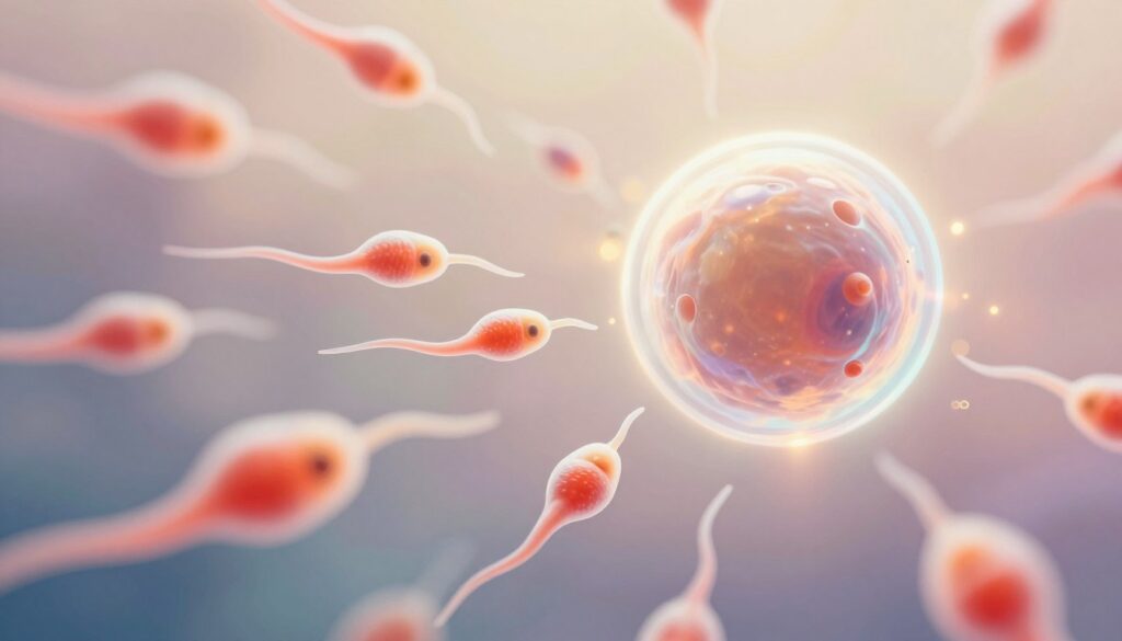 A detailed illustration of a fertility window, capturing the crucial moment of ovulation. In the foreground, transparent, vibrant sperm cells swim energetically, depicted in a microscopic view, with a focus on their movement through a fluid medium. The middle ground features a translucent egg cell, illuminated softly, surrounded by a shimmering halo to symbolize its vitality. The background showcases a blurred gradient of soft pastel colors, creating a serene and hopeful atmosphere that reflects the essence of fertility. The lighting is gentle and warm, enhancing the optimism of the scene. Capture this in a close-up angle, emphasizing the dynamic interaction between sperm and egg, while ensuring the composition retains a scientific elegance. The overall mood should evoke a sense of possibility and life.