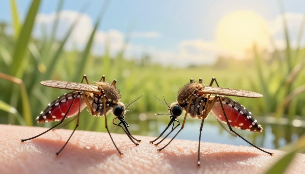 A detailed illustration of male and female mosquitoes, showcasing their physical differences. In the foreground, depict a close-up view of a female mosquito feeding, her elongated proboscis delicately inserted into a surface, with blood visible in her abdomen. Position a male mosquito nearby, displaying his slender body and bushy antennae, emphasizing contrast. In the middle ground, include a natural habitat of tall grasses and a shallow pond, reflecting the summer season with bright green hues. In the background, softly blurred, show a warm sunlit sky with fluffy clouds, suggesting daytime. The lighting should be bright and inviting, capturing the essence of summer life. The mood is natural and educational, emphasizing the biological aspects of these insects without any distractions. A detailed illustration of male and female mosquitoes, showcasing their physical differences. In the foreground, depict a close-up view of a female mosquito feeding, her elongated proboscis delicately inserted into a surface, with blood visible in her abdomen. Position a male mosquito nearby, displaying his slender body and bushy antennae, emphasizing contrast. In the middle ground, include a natural habitat of tall grasses and a shallow pond, reflecting the summer season with bright green hues. In the background, softly blurred, show a warm sunlit sky with fluffy clouds, suggesting daytime. The lighting should be bright and inviting, capturing the essence of summer life. The mood is natural and educational, emphasizing the biological aspects of these insects without any distractions.