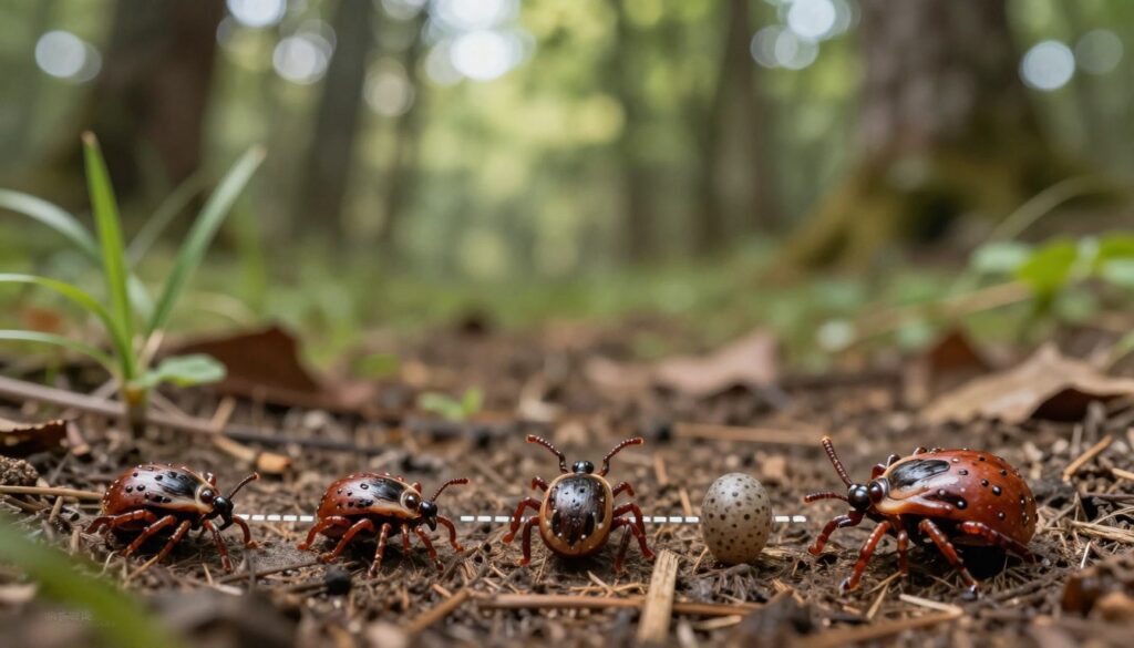 A detailed illustration of the life cycle of a tick, showcasing the different stages including egg, larva, nymph, and adult tick. In the foreground, accurately depict each life stage of the tick with precise anatomical details. In the middle, create a natural setting in a forest, with leaf litter and grass to represent typical tick habitats. In the background, include blurred trees and dappled sunlight filtering through leaves to convey a tranquil outdoor atmosphere. Use soft, natural lighting to highlight the textures of the ticks and their environment, captured with a macro lens for clarity. The overall mood should be informative and educational, focusing on the intricate life cycle without any distractions.