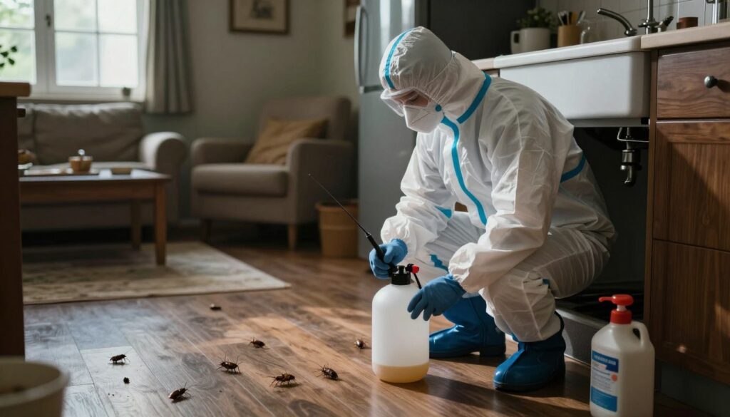 A dimly lit living room in a suburban home, showcasing a professional pest control technician in a protective suit applying a pesticide solution. The technician is positioned in the foreground, concentrating on an area beneath a kitchen sink, with tools and equipment visible, suggesting a thorough approach to cockroach extermination. In the middle ground, a few visible cockroaches scatter across the floor, enhancing the urgency of the situation. The background features a cozy but cluttered home environment, with furniture subtly highlighting signs of an infestation. Soft, natural lighting filters through a window, casting shadows that create a tense atmosphere, emphasizing the need for professional pest control measures. The overall mood reflects a serious yet hopeful approach to overcoming a household pest issue.
