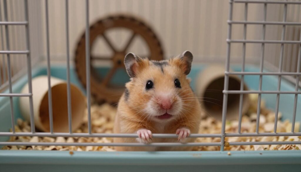 A distressed hamster inside a spacious cage, with its wide eyes reflecting anxiety. The foreground features the hamster in a natural pose, with its tiny paws pressed against the bars of the cage, trying to navigate its surroundings. In the middle ground, the cage environment is filled with familiar items like a wheel, tunnels, and bedding, slightly scattered to depict chaos. The background is softly blurred, emphasizing the creature's struggle with visibility. Soft, diffused lighting casts gentle shadows, creating a warm but tense atmosphere. The image should evoke emotions of empathy and care, capturing the essence of a small animal feeling overwhelmed and stressed in its habitat, with a focus on its expressive eyes and body language.