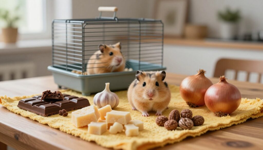 A focused composition featuring a wooden table displaying a selection of toxic foods and human snacks that should be avoided for a diabetic Dzungarian hamster. In the foreground, showcase items like chocolate, garlic, onions, and processed sugary foods arranged neatly on a vibrant, textured cloth that contrasts with the muted colors of the food. In the middle ground, include a small, open cage for a Dzungarian hamster, symbolizing the concern for its diet. The background should be a softly blurred home environment, with natural light filtering through a window, casting gentle shadows. The overall mood is educational yet cautionary, emphasizing the importance of proper hamster care. A focused composition featuring a wooden table displaying a selection of toxic foods and human snacks that should be avoided for a diabetic Dzungarian hamster. In the foreground, showcase items like chocolate, garlic, onions, and processed sugary foods arranged neatly on a vibrant, textured cloth that contrasts with the muted colors of the food. In the middle ground, include a small, open cage for a Dzungarian hamster, symbolizing the concern for its diet. The background should be a softly blurred home environment, with natural light filtering through a window, casting gentle shadows. The overall mood is educational yet cautionary, emphasizing the importance of proper hamster care.