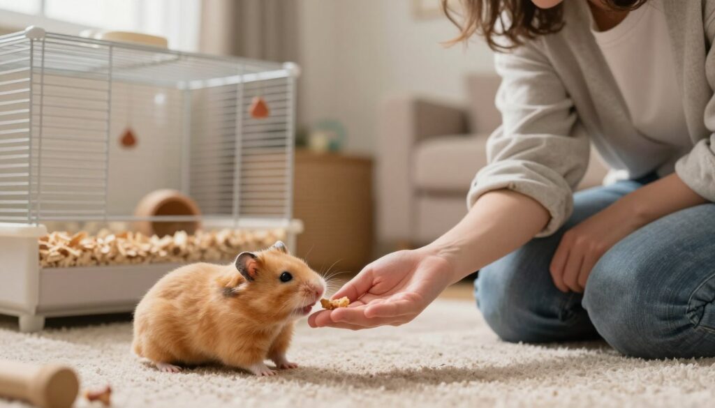 A gentle, inviting scene featuring a Syrian hamster learning to trust its owner. In the foreground, the owner, a young adult in casual clothing, is kneeling on a soft carpet, extending a hand with a small piece of food, demonstrating patience and care. The hamster, with its fluffy golden fur and expressive eyes, is cautiously approaching the hand. In the middle ground, a cozy home environment is visible, with a well-decorated cage, natural wood chips, and toys. The background shows soft, warm lighting filtering through a window, creating a safe and nurturing atmosphere. The overall mood is calm and encouraging, capturing the essence of building trust through voice and scent. A gentle, inviting scene featuring a Syrian hamster learning to trust its owner. In the foreground, the owner, a young adult in casual clothing, is kneeling on a soft carpet, extending a hand with a small piece of food, demonstrating patience and care. The hamster, with its fluffy golden fur and expressive eyes, is cautiously approaching the hand. In the middle ground, a cozy home environment is visible, with a well-decorated cage, natural wood chips, and toys. The background shows soft, warm lighting filtering through a window, creating a safe and nurturing atmosphere. The overall mood is calm and encouraging, capturing the essence of building trust through voice and scent.